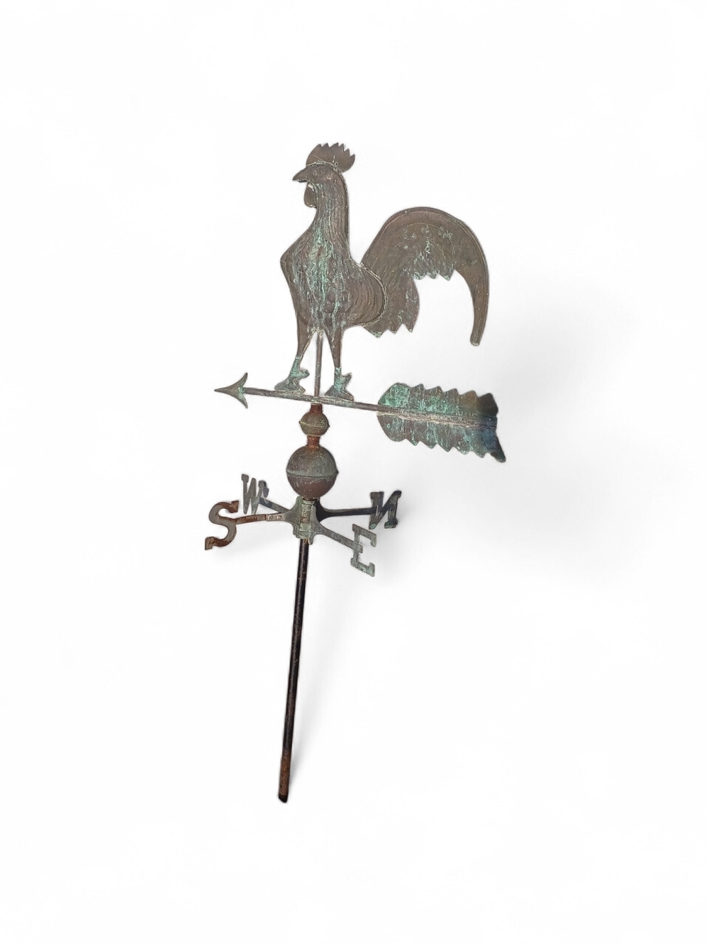 Source Unknown 1800s Copper Rooster Weathervane in Patina Green and Brown